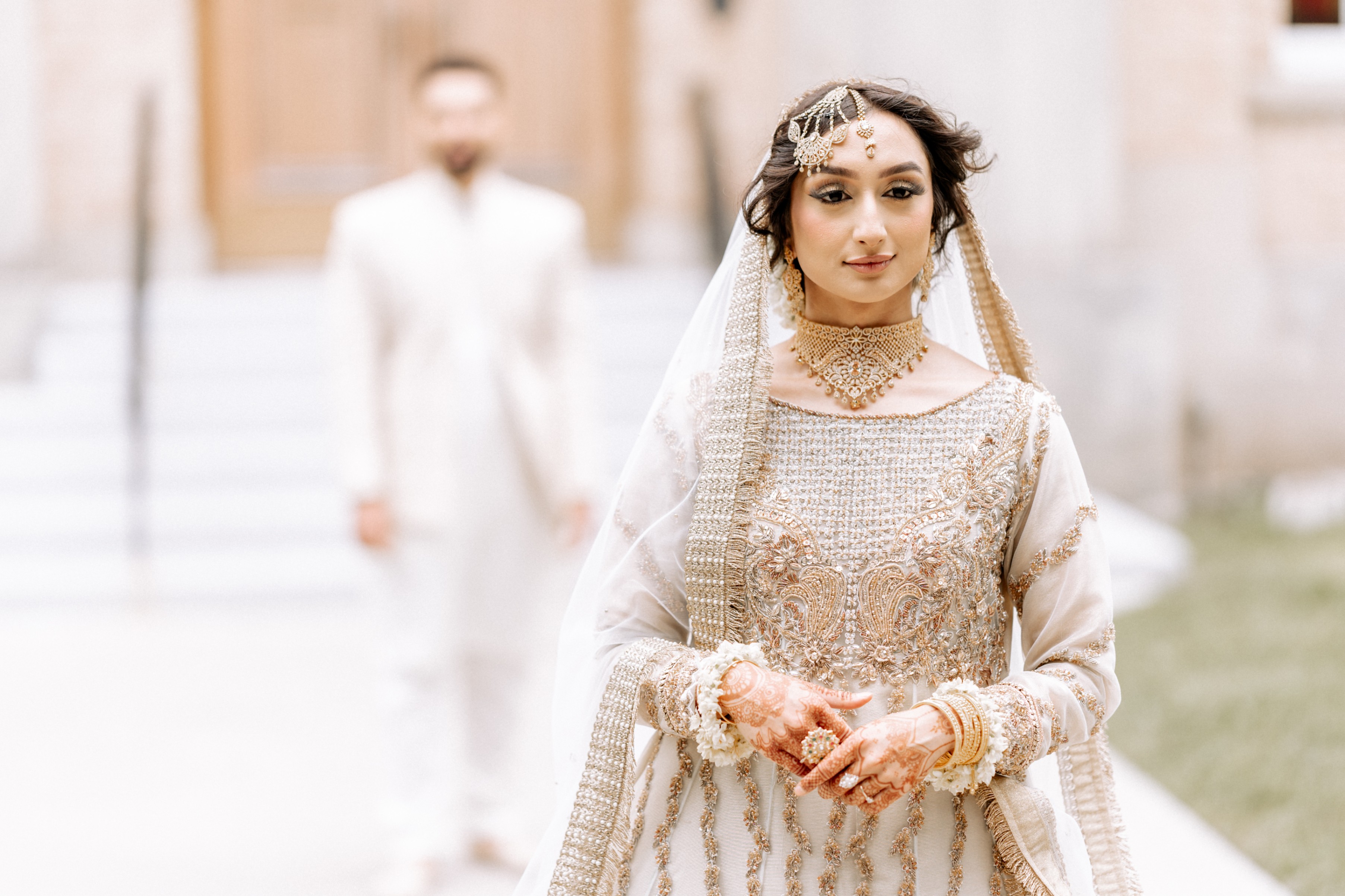 Sunset Walima White Floral Arbour Couple Portrait