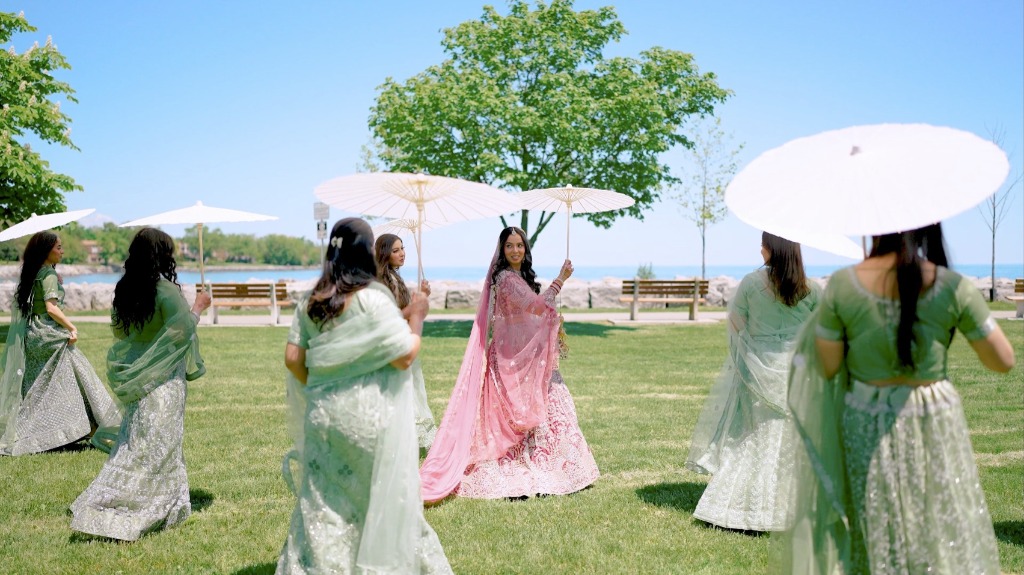 Bride Ayushi with Bridesmaids & White Parasols