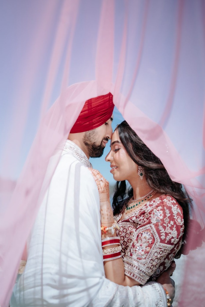 Ayushi & Shiraz Pink Veil Romantic Embrace