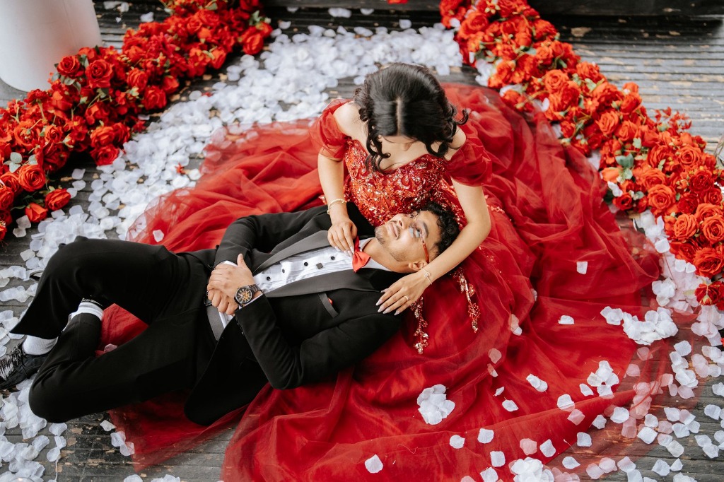Sonali and Gagan Overhead Rose Petal Portrait